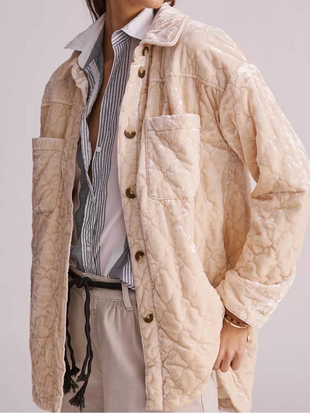 Anthropologie quilted velvet lux shacket jacket ivory Small Anthro